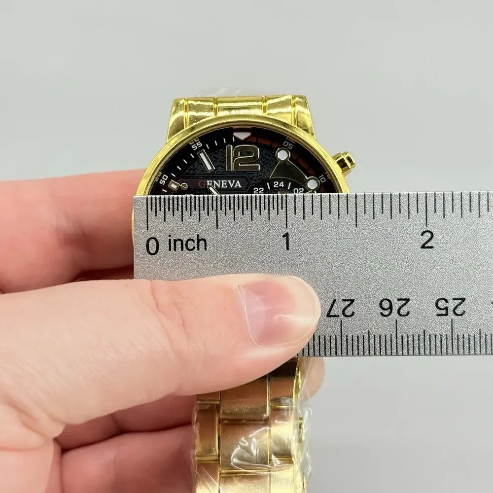 Geneva Mens Gold Tone Chronograph Style Watch Black Dial Stainless Steel New